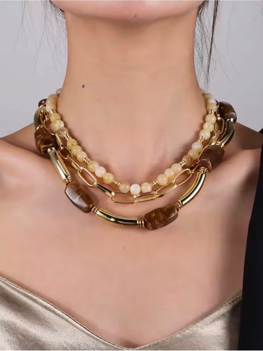 Gold and Brown Multi-Strand Beaded Necklace